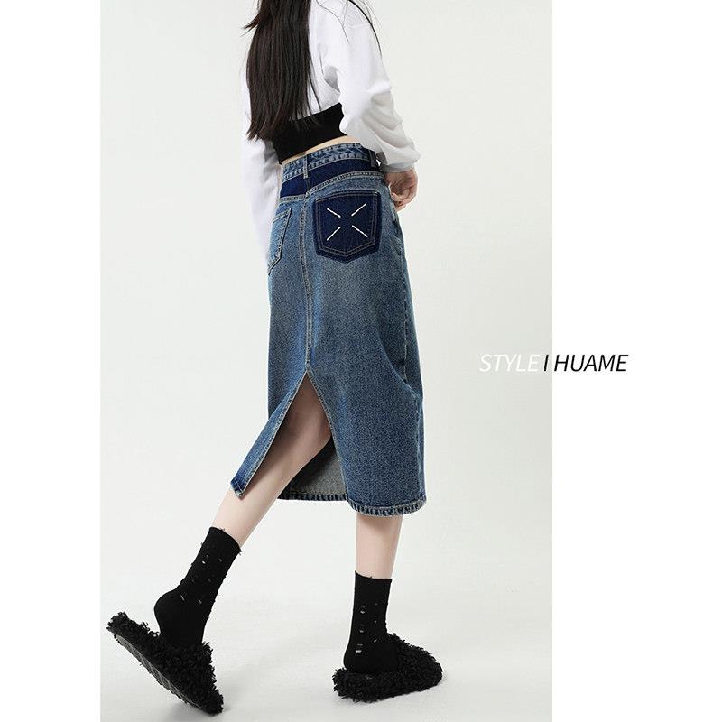 设计感开叉高腰牛仔裙女2025年秋季新款覆古中长款A字显瘦半身裙