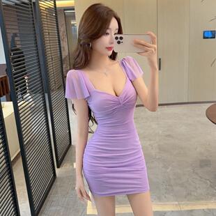 2025新夏季 性感低胸性感纯色网眼露臀裙女夜总会技术员工作服 风格