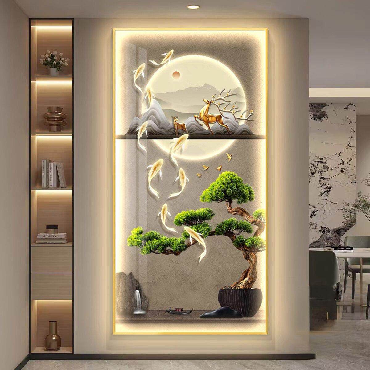 现代中式山水风景装饰画客厅玄关挂画LED灯带松树锦鲤壁画