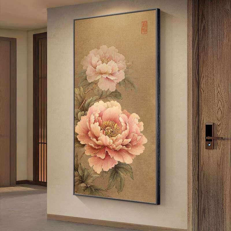 牡丹花挂画新中式玄关装饰画竖版寓意好走廊过道壁画入户正对门画