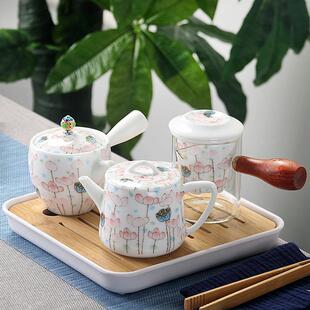 陶瓷泡茶壶家用功夫茶具白瓷茶壶单壶粉彩百花齐放侧把玻璃壶
