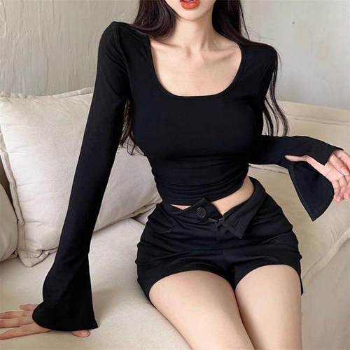 ins性感辣妹U领打底薄款打底长袖T恤女春秋韩版长袖t恤女上衣定制