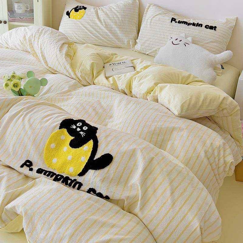 卡通全棉水洗棉床上四件套毛巾绣可爱床单人被套罩床笠三件套床品