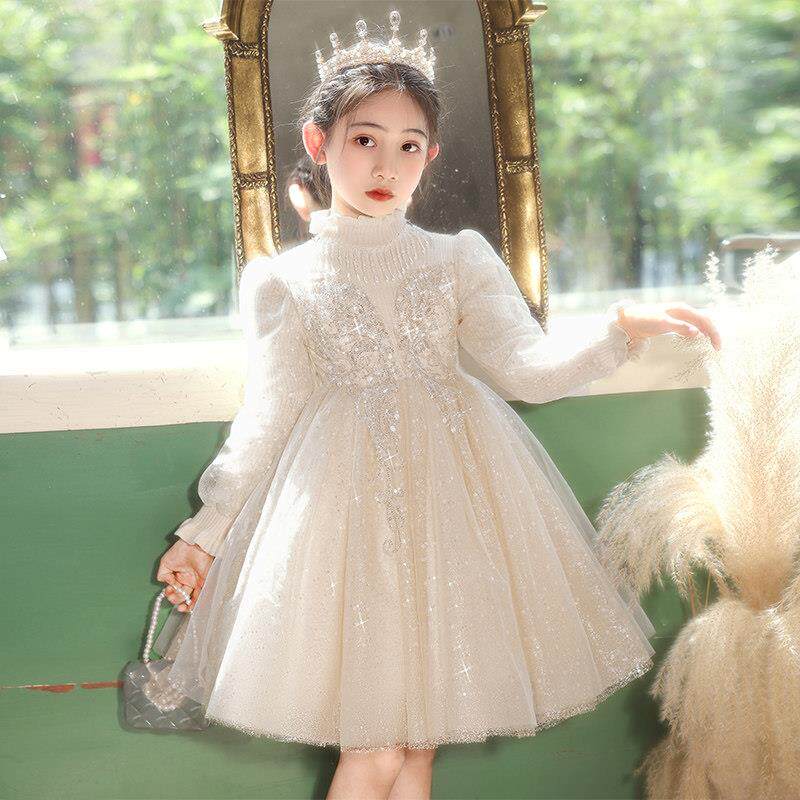 花童婚礼小女孩礼服冬季女童高端生日公主裙儿童主持人钢琴演出服