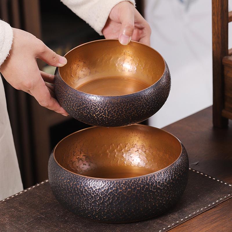 紫铜茶洗特大号家用锤纹茶洗杯碗日式复古水盂茶渣缸茶具配件笔洗