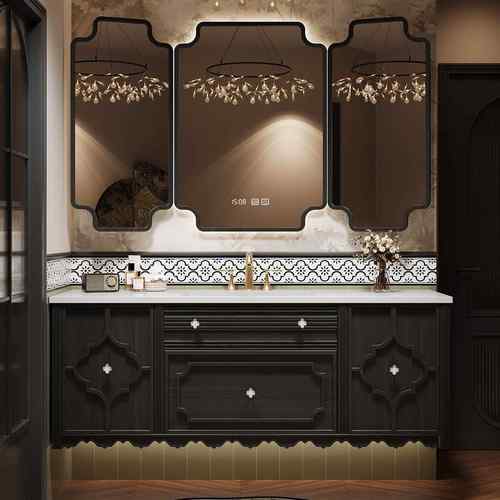 法式复古橡木浴室柜组合卫生间岩板洗漱台洗手池脸盆卫浴吊柜定制