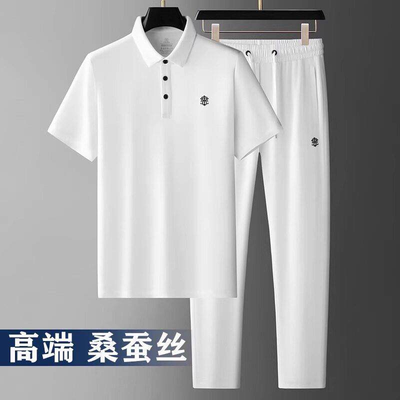 高端桑蚕丝休闲 运动套装男夏季薄款中年爸爸冰丝短袖裤子两件套