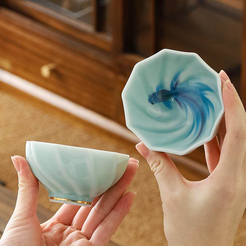德化创意龙泉青瓷大号异形十全十美主人杯茶盏锦鲤茶碗品茗杯茶杯