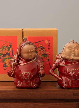 钧窑钧红釉陶瓷家用送礼礼盒装过年门神手工青瓷粗陶茶宠可爱摆件