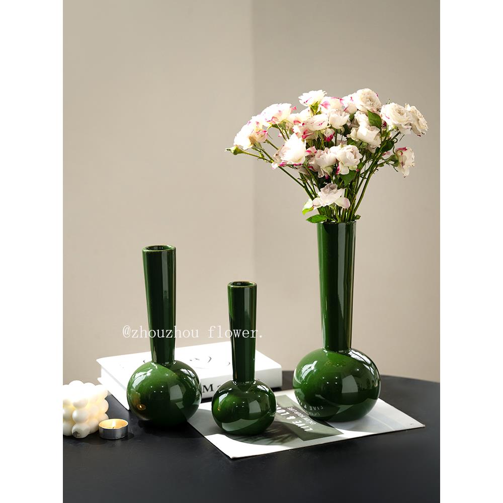 新中式中古风小众高级感长颈陶瓷花瓶水养鲜花插花蝴蝶兰客厅摆件