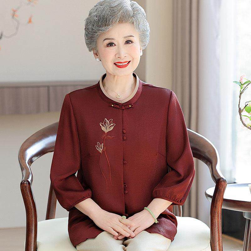 大尺码中老年人奶奶夏装桑蚕丝民族风衬衫女开 衫两件套真丝纯色