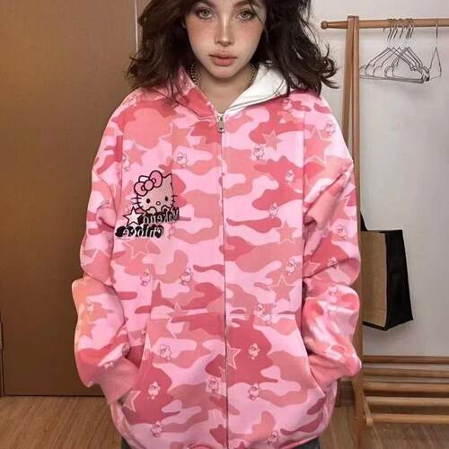 Sreetwear Women Original Sanrio Kitty Zip Hoodie Girl Loose