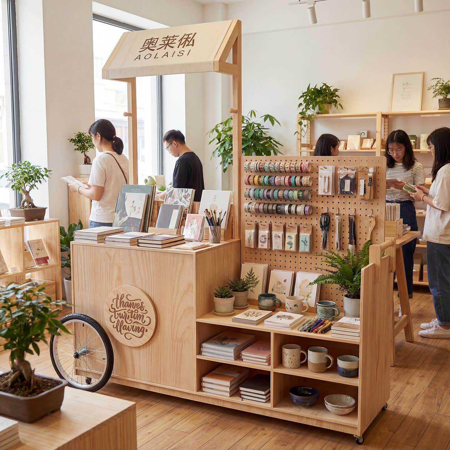 文创移动展台实木展示台快闪店货架会展展览台货架展示台摆摊展台