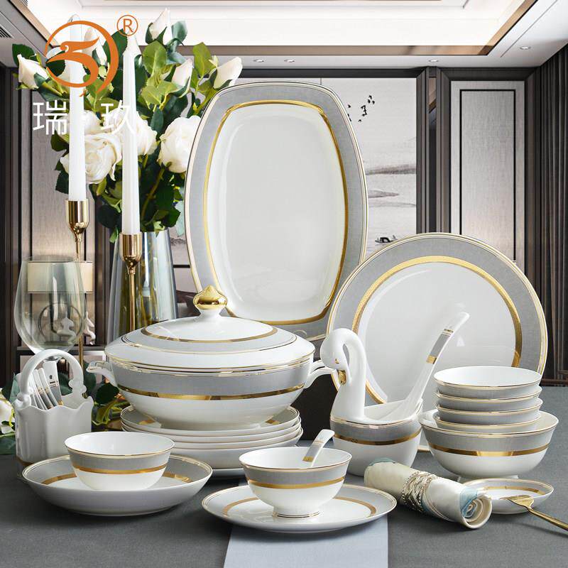 60头骨瓷餐具套组10人家用组合碗盘成套餐具欧式碗碟套装套餐餐具