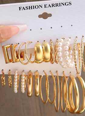 earrings women 金属耳圈复古耳饰赫本风耳环套装6件套earring