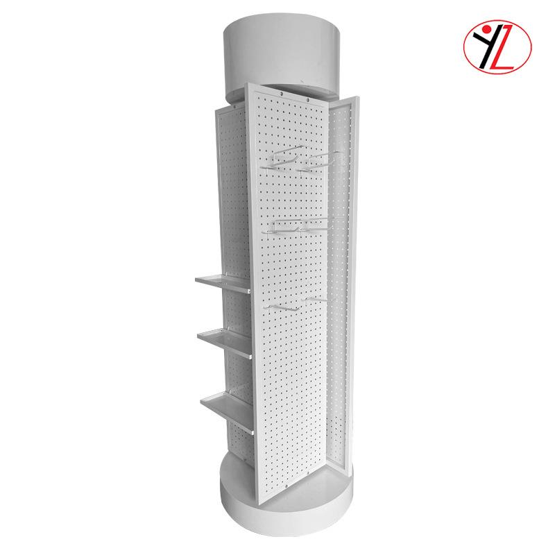 四面黑色旋转展示架定制 圆形挂钩展架 落地商用旋转洞洞板置物架