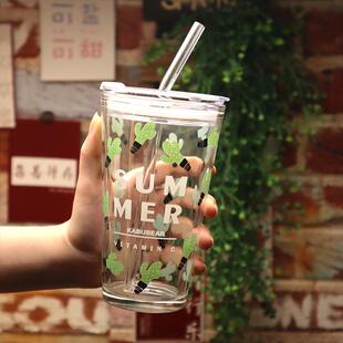 加厚玻璃吸管水杯子女可爱饮水少女带盖夏家用大人简约韩版刻度