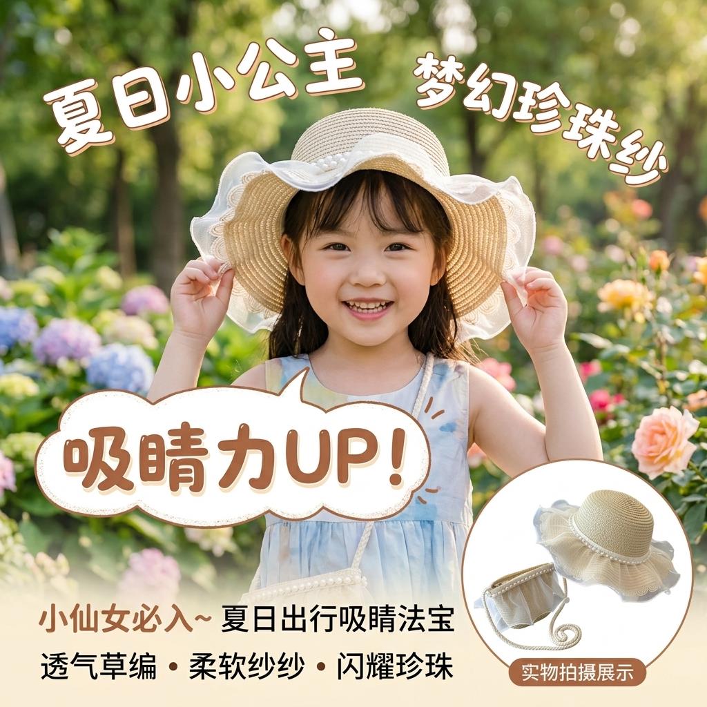 儿童帽子女孩2026新款户外遮阳帽女款夏天大帽檐草帽公主沙滩帽子图片