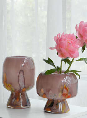 温柔紫色彩点高级感玻璃花瓶中古摆件客厅插花餐桌水培设计感小众