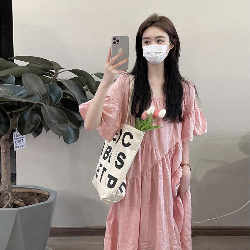 欧洲站2025新款遮肚子显瘦休闲 宽松长裙子洋派减龄粉色洋装女夏