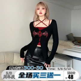 ROCKMORE血月女巫~黑红撞色蝙蝠印花两件套长袖T恤系带显瘦上衣女