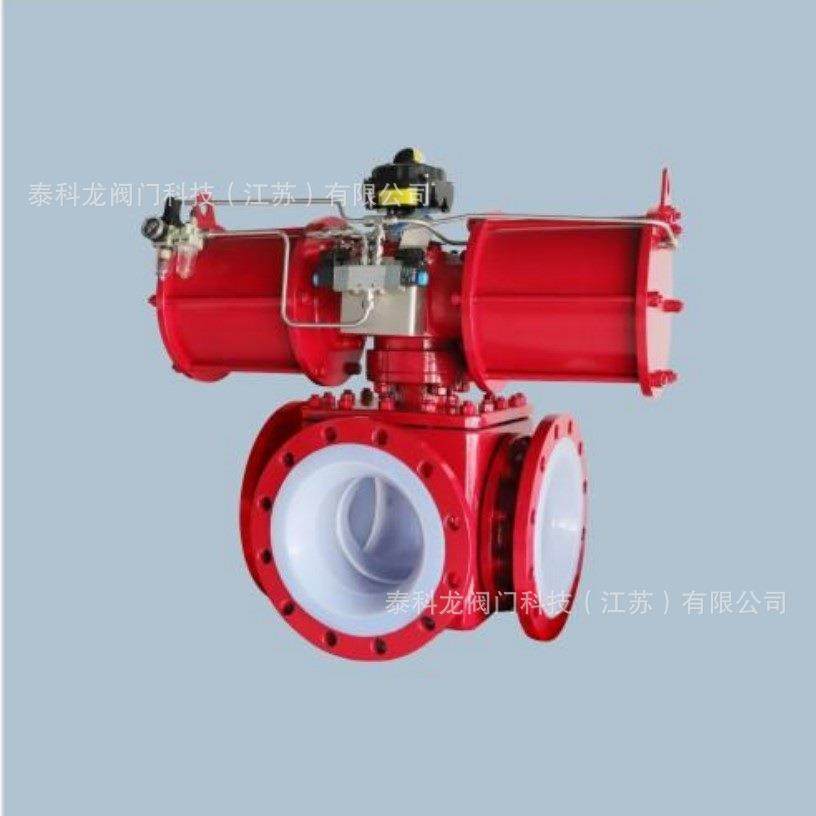 Q645F46PTFEFEPPFAF501气动钢衬氟四通法兰球阀