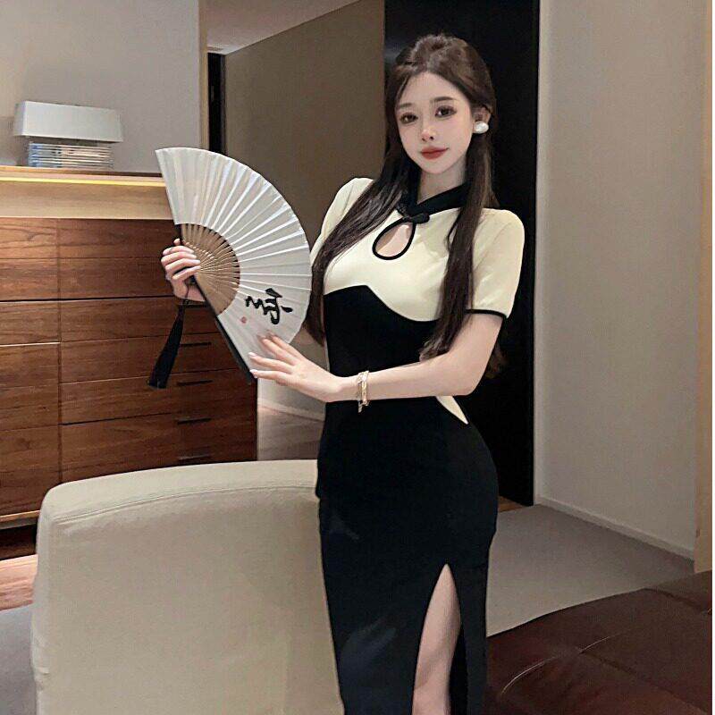 夏季直播衣服女主播新式改良旗袍长裙短袖撞色显瘦气质开叉连衣裙