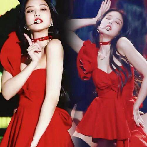 Jennie同款红色斜裁燕尾连衣裙 BLACKPINK打歌演出服高腰设计