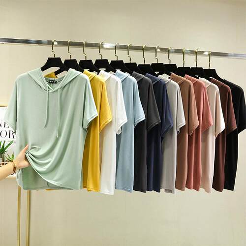 T-shirt, women's hooded short sleeved T-shirt, thin cut,