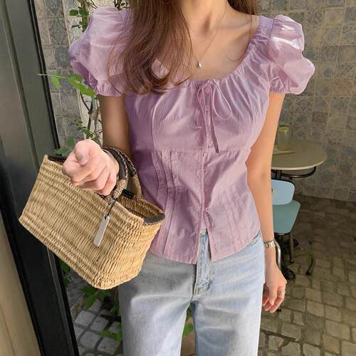 Age reducing lace up short sleeved shirt top for women