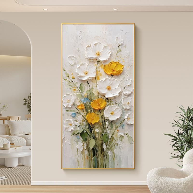 纯手绘厚油立体花卉客厅装饰画奶油风玄关走廊过道挂画花开富贵