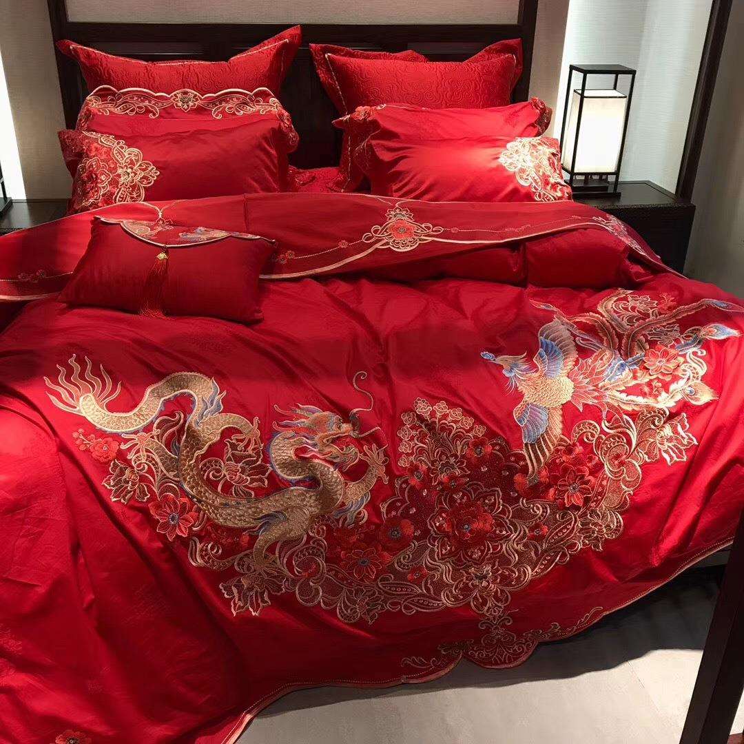 80支新中式纯全棉贡缎提花刺绣奢华大红结婚庆十件套床上用品