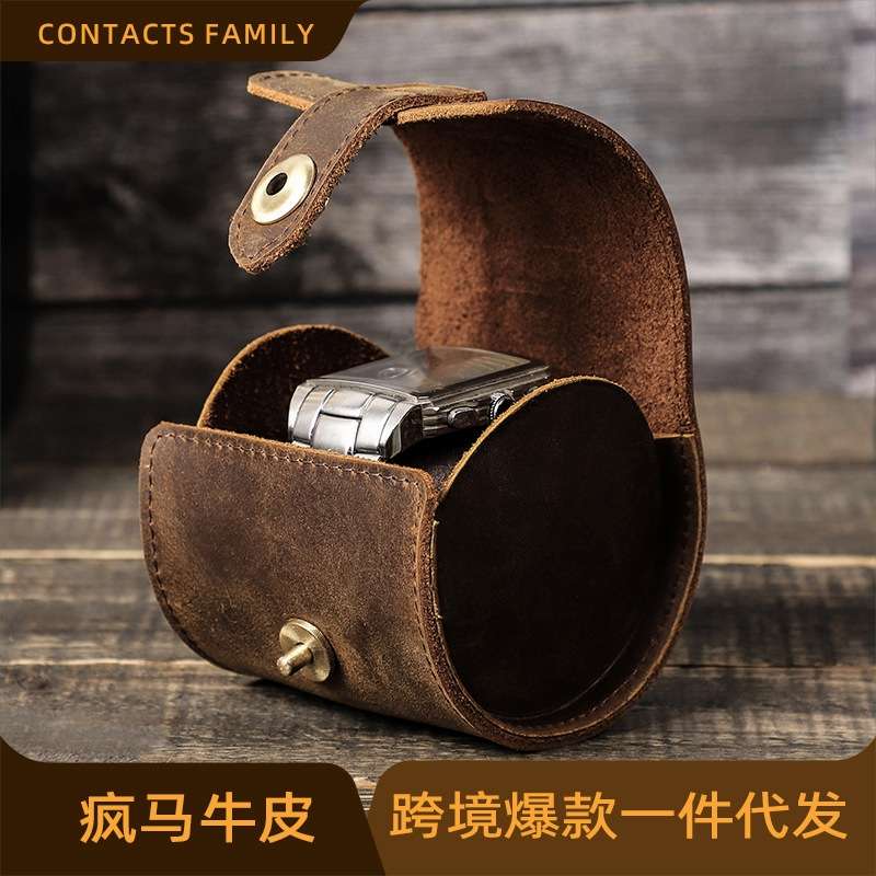 复古疯马牛皮旅行便携式手表盒单只装手工制作真皮手表收纳盒