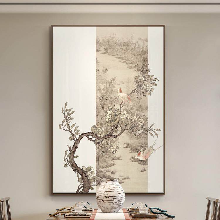新款直销新中式餐厅《双莺竹雅》山水花鸟装饰画 板房软装样客厅