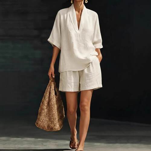 V-neck short sleeved set, wide leg pants set