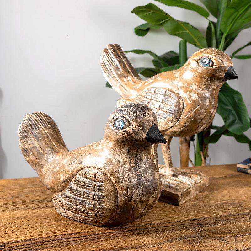 泰国手工雕刻木头小鸟原木风可爱仿真动物玄关酒柜桌面装饰摆件