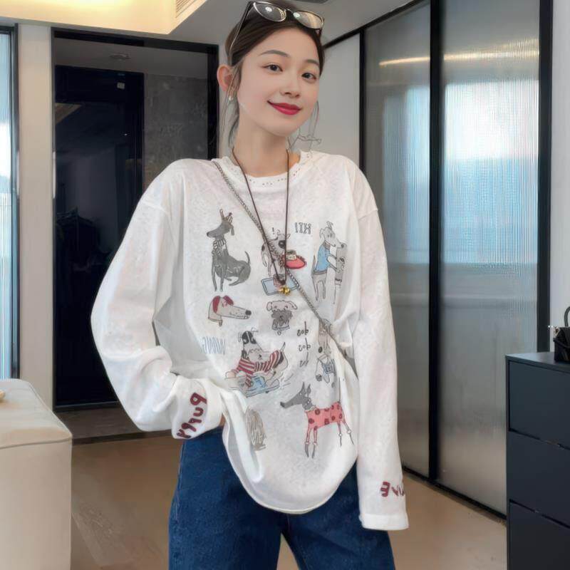 时尚减龄卡通趣味印花长袖T恤女2026春季大码胖MM百搭打底衫上衣