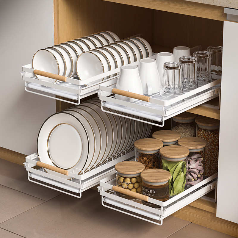 橱柜厨房抽拉式分层置物架家用碗架沥水架放碗收纳架拉篮抽屉式架