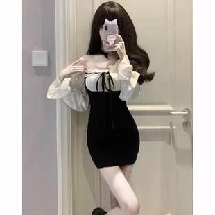 春秋季女性单肩假两件套裙，性感的高底纯欲望，身材矮小的修身紧