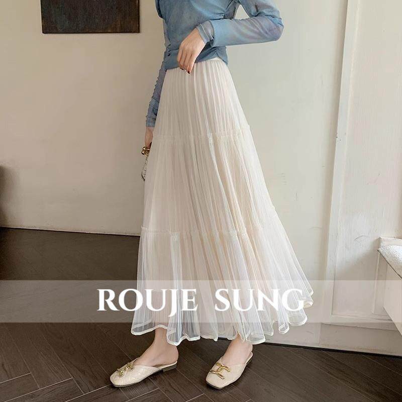 ROUJE SUNG~网纱半身裙女夏季新款高腰a字百褶裙中长版气质纱裙