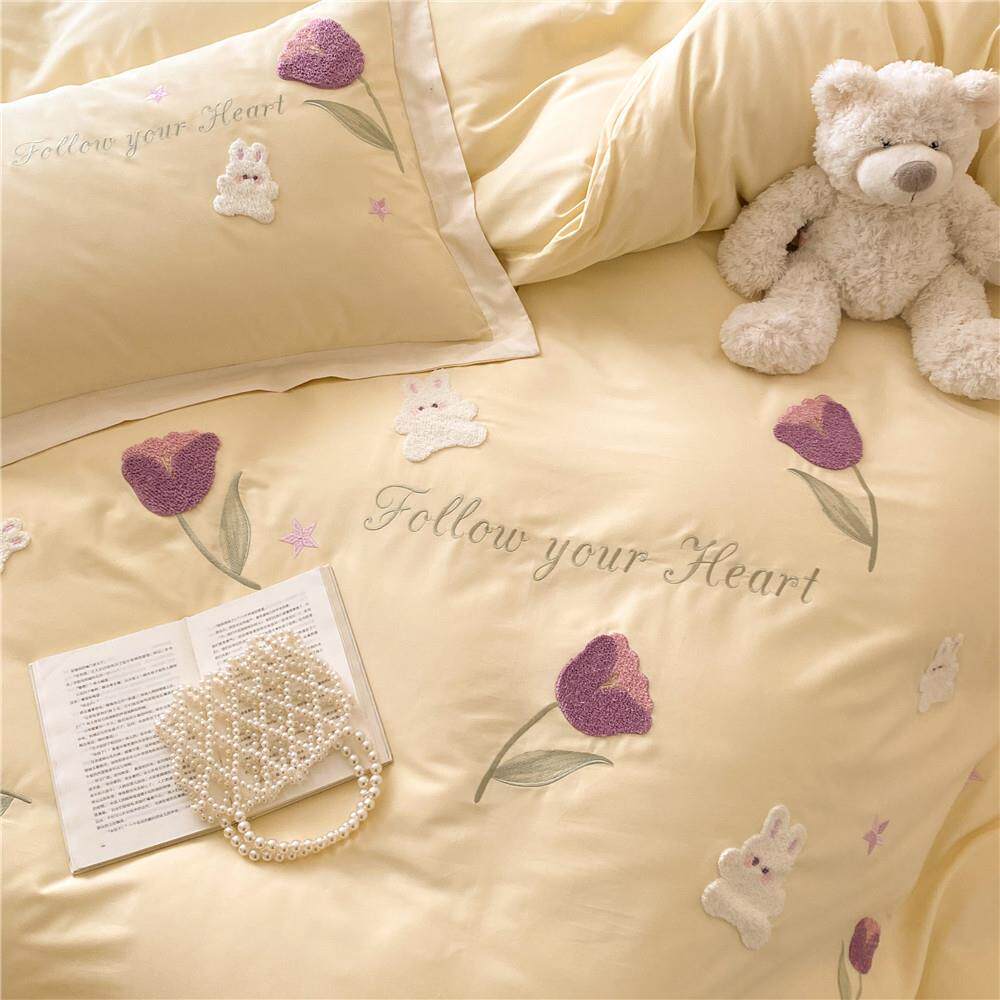 小清新秋冬全棉磨毛四件套花朵小兔毛巾刺绣加厚被套床品