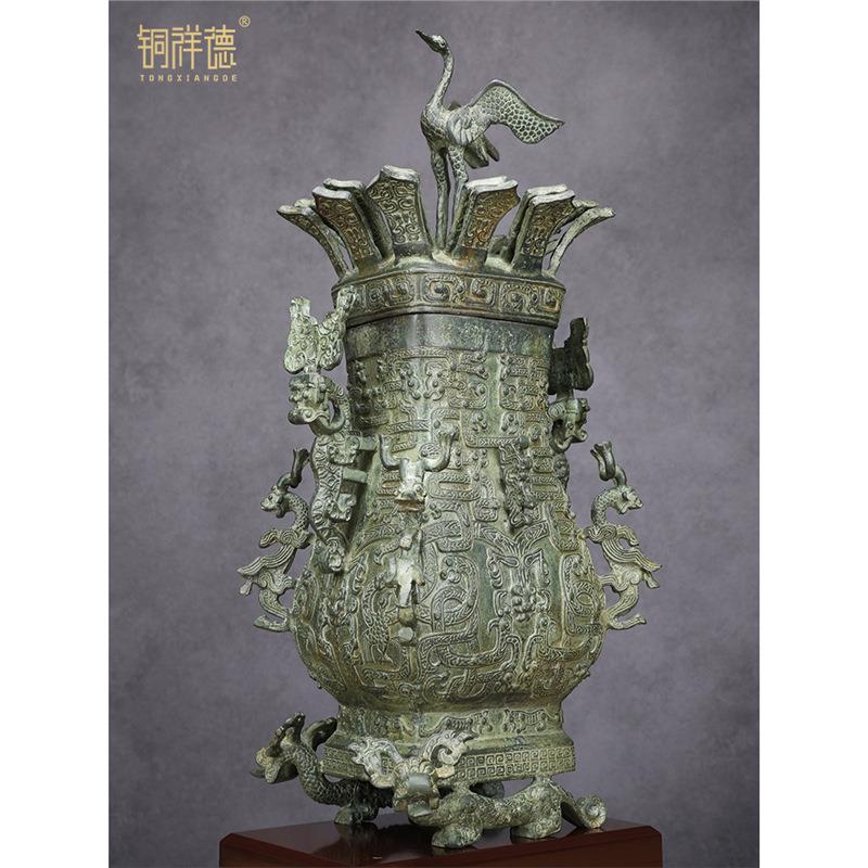 春秋战国青铜器立鹤莲鹤方壶盛酒器古铜摆件制作博物馆收藏送礼