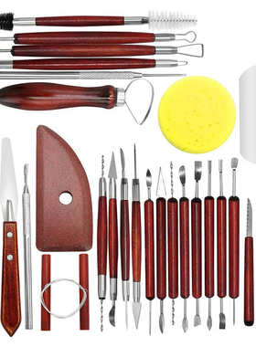 陶艺工具30件套装 软陶泥塑红色木杆雕刻刀细节针刮片割泥线