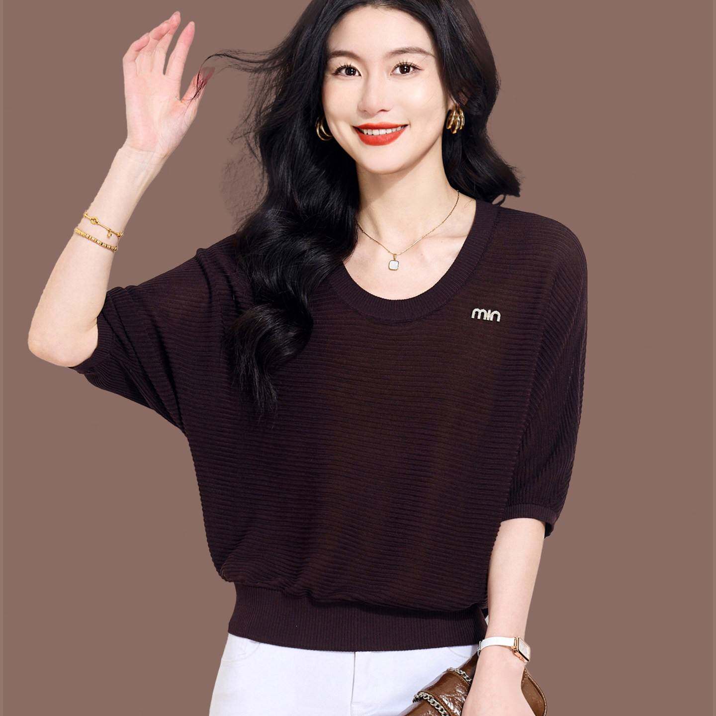 桑蚕丝短袖t恤女夏季新款针织衫宽松慵懒风条纹外穿蝙蝠袖上衣