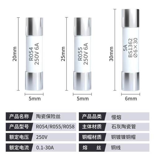 R055熔断器保险丝管RO54熔芯R058陶瓷250V芯子1A2A3A6A8A10A20A30