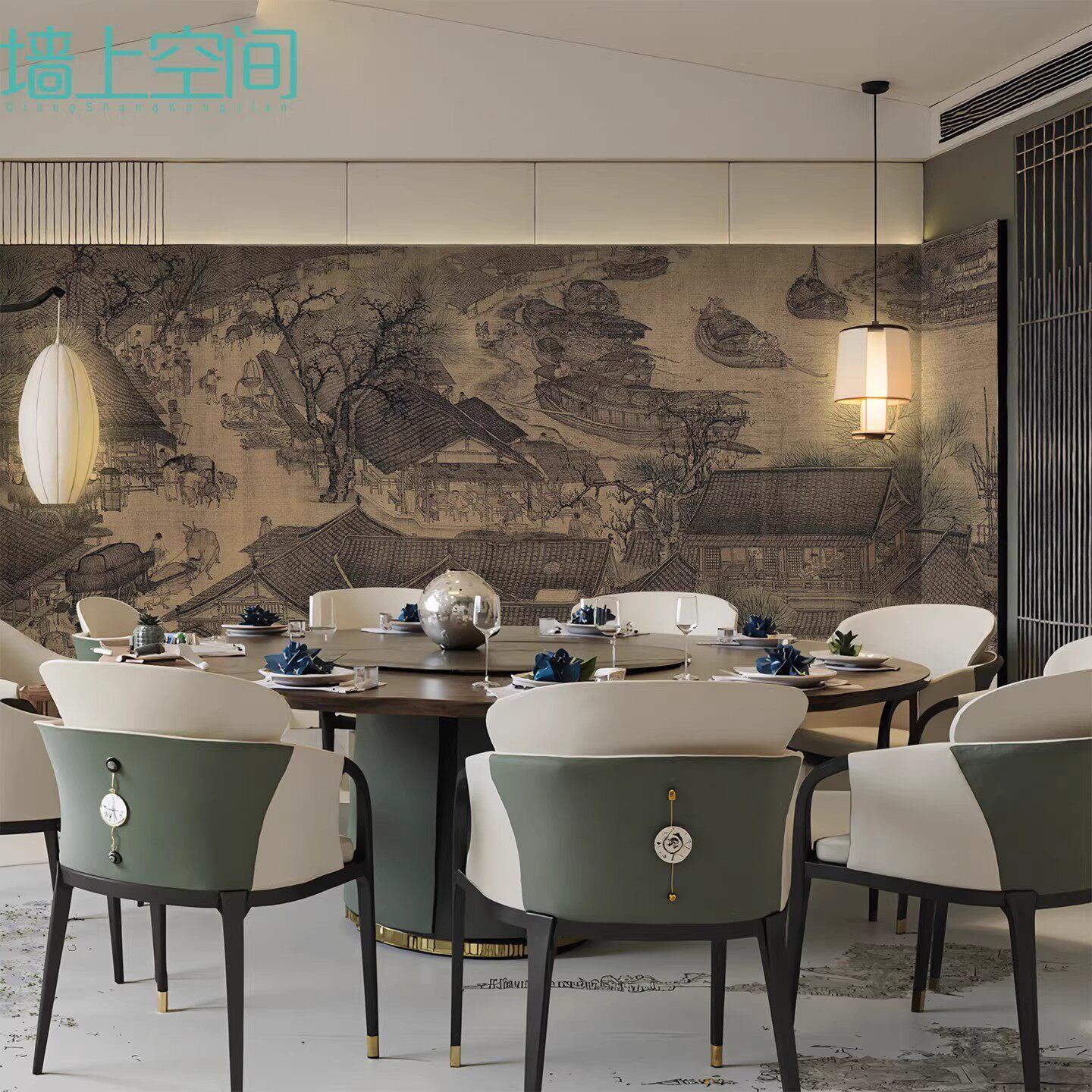中式宋代美学清明上河图背景墙纸酒店餐厅饭店包厢茶室棋牌室壁纸