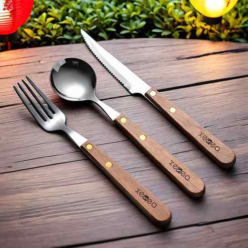 实木手柄刀叉圆勺子304不锈钢牛排刀叉勺三件套装西餐厅ins风餐具