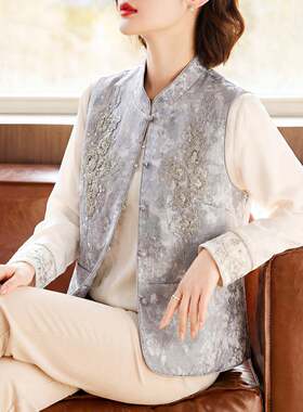 新中式妈妈春装真丝马甲衬衫两件套40岁50中老年女母亲节国风套装