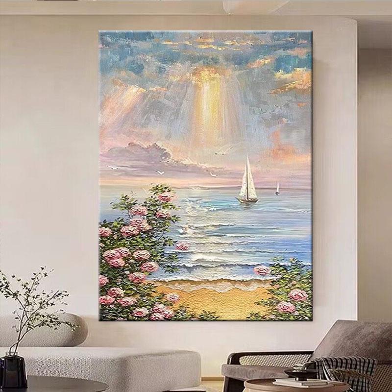 手绘油画现代日出海边风景客厅玄关装饰画轻奢酒店民宿别墅玄关画