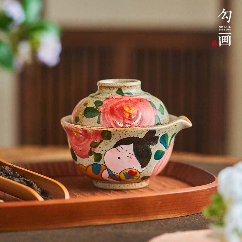 勾画茶器 国潮唐美人盖碗公道杯粗陶茶具一人饮景德镇手抓壶单壶